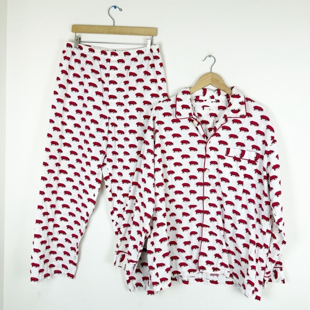 J. Crew Red White Two Piece Pajama Set Pig Print 100% Cotton